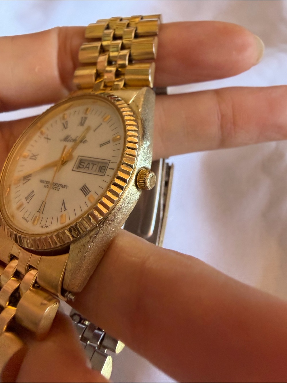Vintage Michele 33mm Gold Tone Quartz Day Date Watch White Roman Dial - Picture 14 of 15